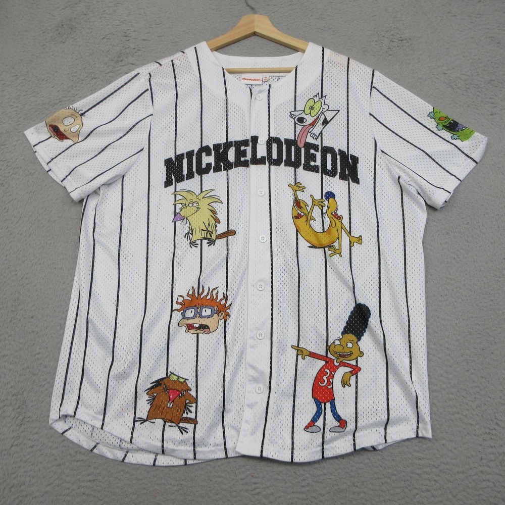 Nickelodeon Cartoon Baseball Jersey Mens 3XL White Pinstripe Graphic Y2K 90s